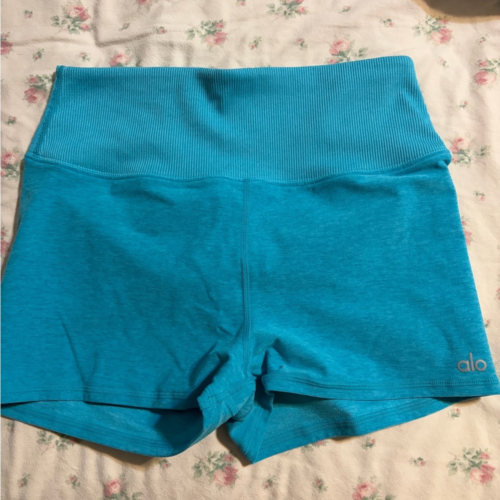 ALO Yoga Turquoise High-Waist Ribbed Bike Shorts